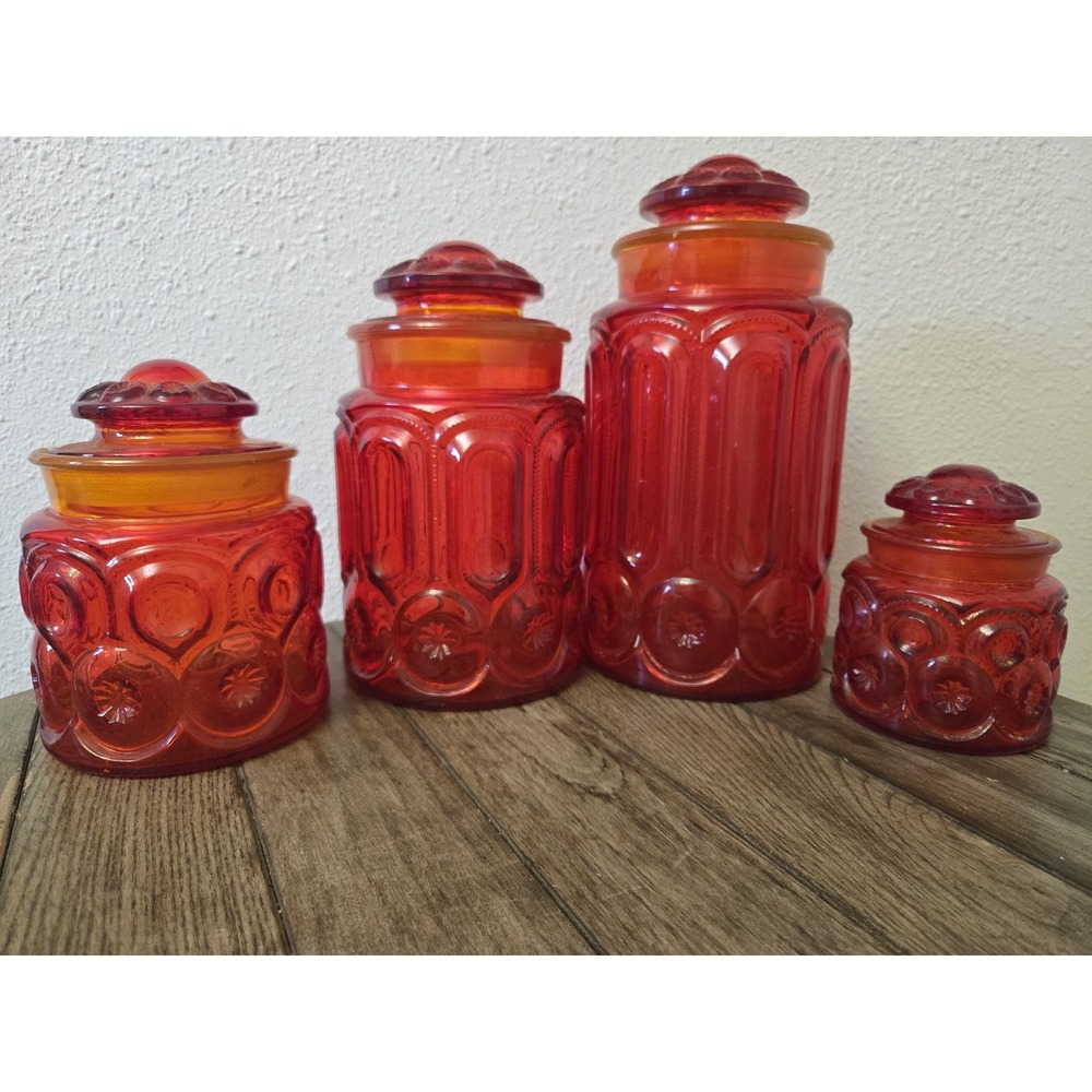 Vintage LE Smith Moon & Stars Amberina Red Orange Glass Canister Apothecary Set